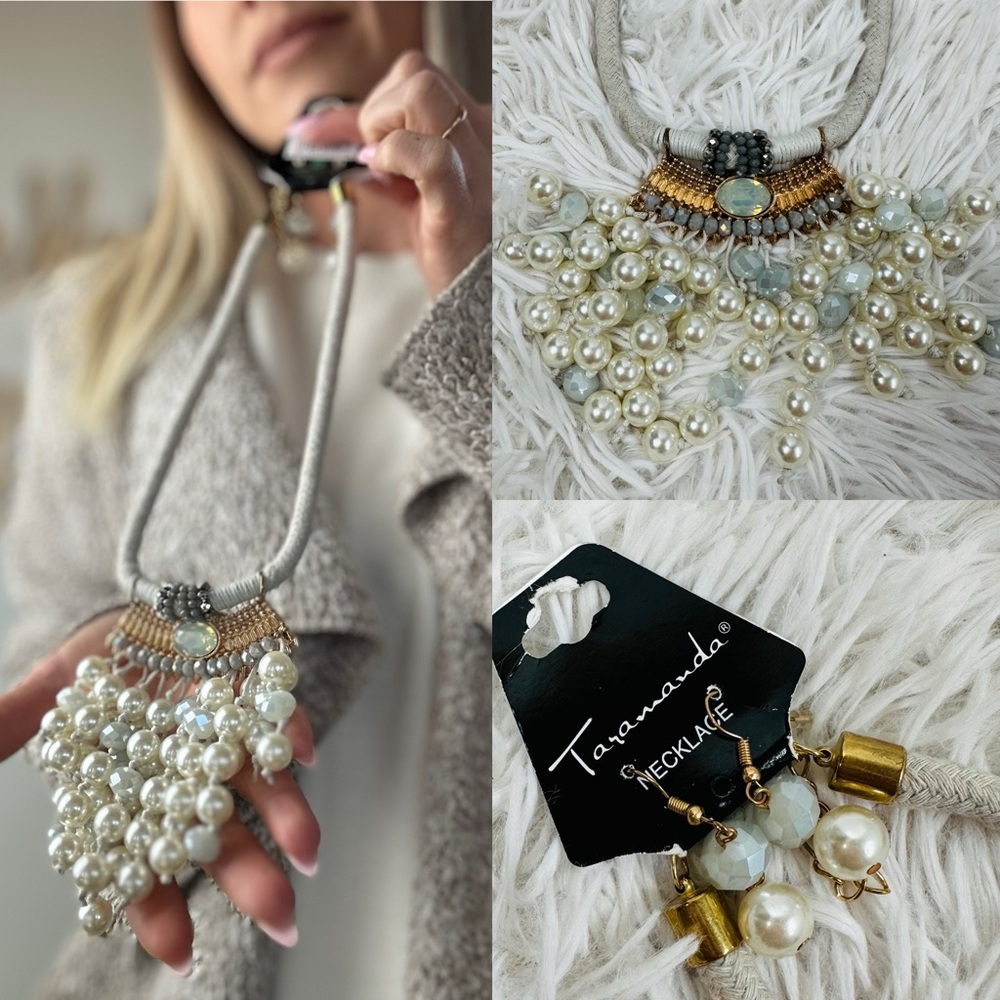 Taramanda earthy statement beaded faux pearl necklace and earring set OS